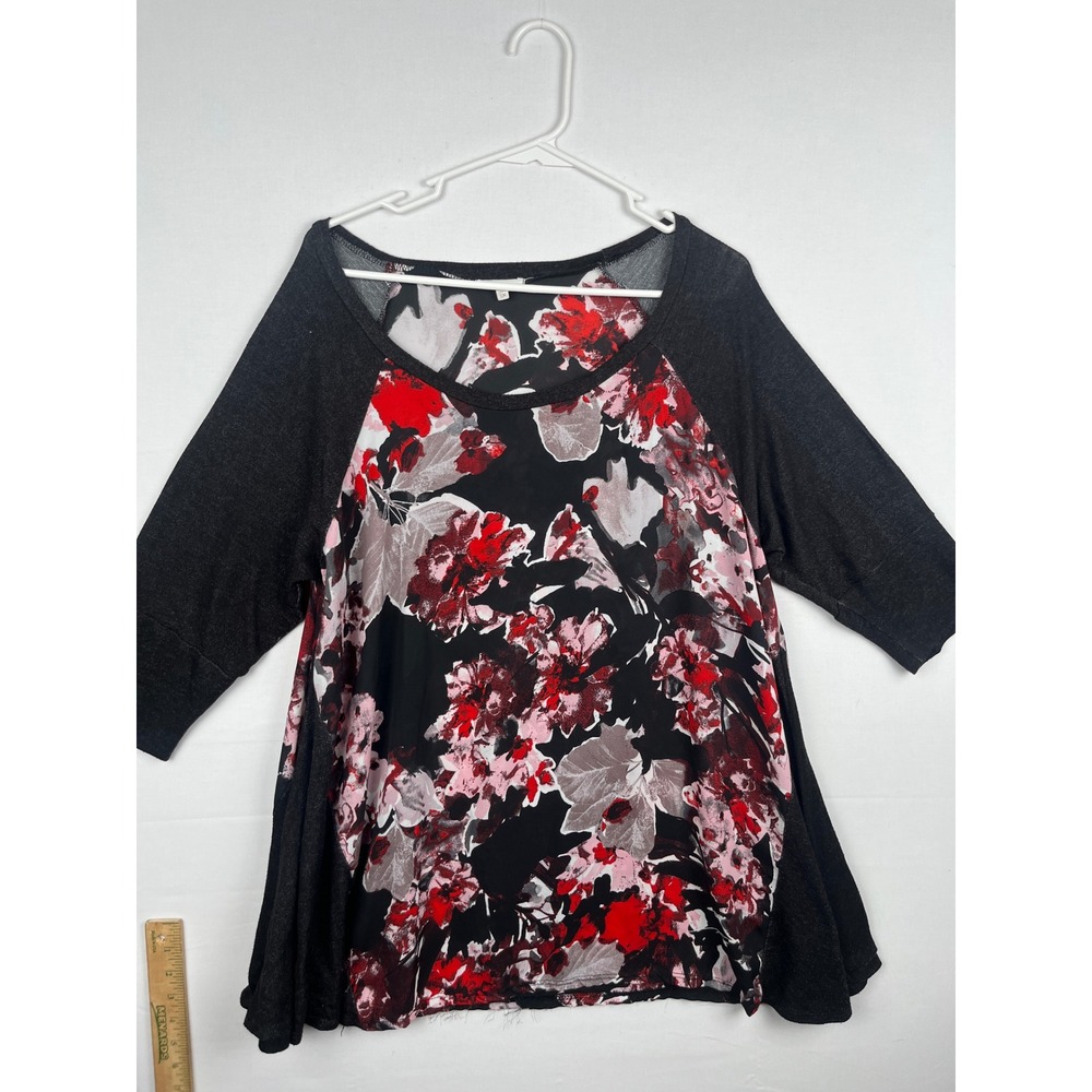Ava James Floral Raglan Top Womens 1X 3/4 Sleeve Tunic Black Red Mixed Media
